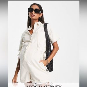 ASOS DESIGN Maternity short sleeve tie waist romper in stone